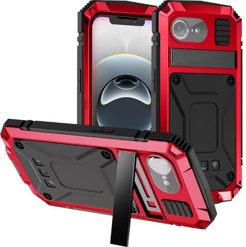 Miimall Metall Hülle Kompatibel mit iPhone 16e 360 Grad Hülle mit Displayschutz, [Tragbar Ständer] [Aluminium+TPU] Kratzfest Stoßfest Militär Schutz Case für iPhone 16e 2025-Rot