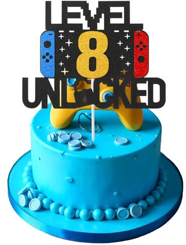 Larrel Tortendeko Geburtstag, Tortendeko Gaming Level 8 Unlocked Geburtstag Kuchen Deko Videospiel Tortendeko Geburtstag DIY Level Up Happy Birthday Cupcake Topper mit Papier Stick für 8 Jahre Junge