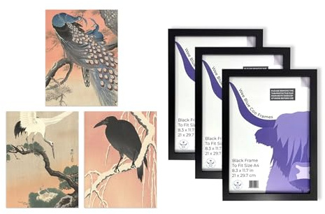 Artery8 Ohara Koson Bird Wall Art - Set of 3 A4 Sized Art with Black Frames - Kachō-e Flower Crow Crane Peacock Japanese Paintings