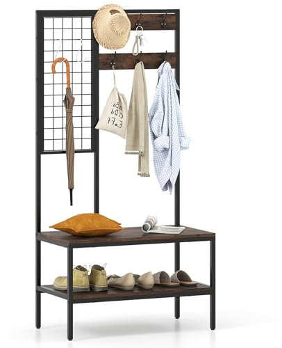 COSTWAY Coat Rack with Shoe Storage Bench, Freestanding Hall Tree Coat Stand with Wall Grid Panel and 8 Hooks, Industrial Clothes Rack Hanger Unit for Hallway Entryway Bedroom, Rustic Brown+Black