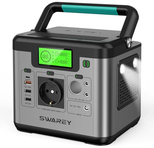 SWAREY Estación de Energía Portátil S500, Generador Solar de 518Wh con 500W (1000W Pico) de CA, Carga Rápida USB-C de 65W para Acampar al Aire Libre, Autocaravanas, Hogar