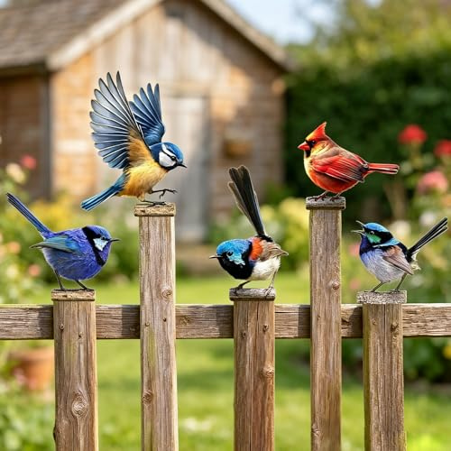 SGZIOO Gartendeko Bemalte Deko Vögel, Vögel Gartenstecker Metall Deko für Draußen Wetterfest, Draußen Bird Baumstecker für Garten, Patio, Park, Zaun, Baum Stamm Dekoration, 5 Stück