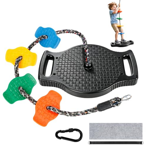 ZoeZure Kletterseilschaukel Outdoor, Schaukel mit Plattform&Plattensitz | 4-in-1 Kletterseil Schaukel mit verstellbarem Seil, Kletterbar, Stehbar, Sitzbar, Hängbar, 75kg Kinderschaukel für Garten
