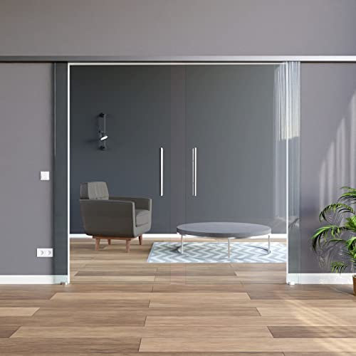 BC-775-420-AS-DPL: Schiebetürsystem doppelflügelig ESG 2x775x2050x8mm, zeitloses klares Glas, ohne Dekor; Schienensystem ALU SlimLine SoftStop; Griffstange rund 420