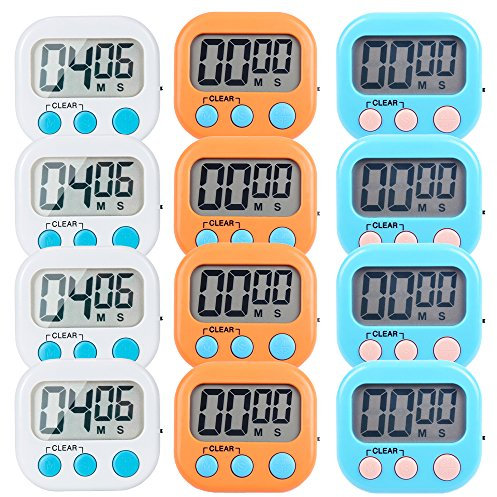 LinkDm - Paquete de 12 temporizadores digitales para cocina, tamaño pequeño, imán en la parte trasera, interruptor de encendido/apagado, cuenta atrás con minutos y segundos (blanco, azul, naranja)