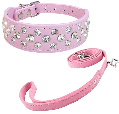 Newtensina Mode Hundehalsband und Blei Set Bling Welpen Halsband Cute Diamante Hundehalsband mit Leinen - Pink - S