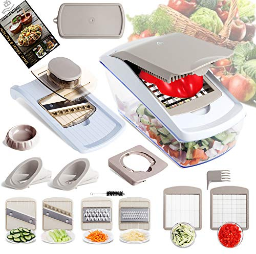 Coupe-Légumes Multifonction Pro Facile à Nettoyer Robuste Qualité Professionnelle Râper Emincer Couper Facile à Ranger.Offert Livre de Recette Récipient avec Couvercle pour Conserver Vos Légumes