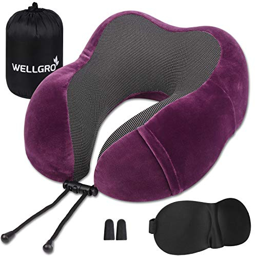 WELLGRO Nackenkissen Set mit 3D Schlafmaske und Ohrstöpsel - Abnehmbarer Bezug - Memory Schaum - Reißverschluss - inkl. Aufbewahrungstasche - Reisekissen - Farbe wählbar, Farbe:Fuchsia