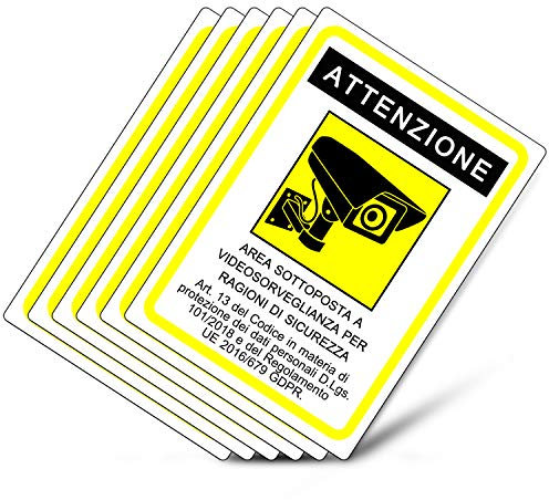 Cartello area videosorvegliata - GDPR 2020 - Adesivi videosorveglianza per negozio e proprietà privata - (14,8 x 10,5 cm) (6 Pz.)