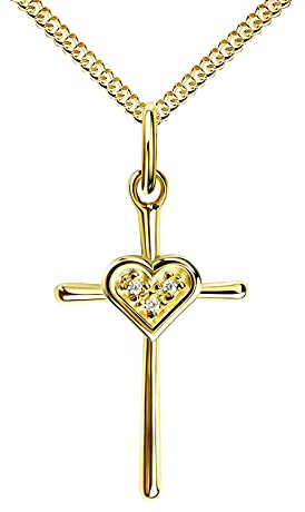 JEVELION Goldkette Kreuz-Anhänger 333 Gold 8 Karat mit Herz + Zikonia Steine - Damenschmuck Mit Halskette - Kettenlänge 50 cm.