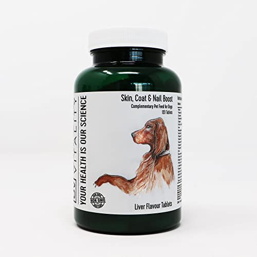 Skin, Coat and Nail Boost Tablets for Dogs | With Vitamins, ALA, Plant Extracts and Amino Acids | Suitable for All Breeds | Chewable | Liver Flavour | UK Manufactured | Oxford Vitality (120 Tablets)