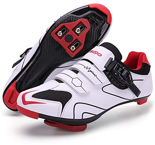 Mens Womens Cycling Shoes Compatible with Peloton Bike Indoor Outdoor Road Bike Riding Shoes with Look Delta Cleats Pre-Installed Clip in Pedal, (White-red, 10.5)
