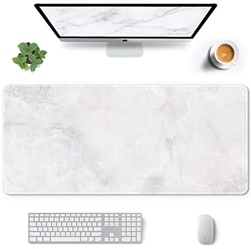 Hsurbtra Großes Mauspad, 900 x 400 mm, Gaming-Matte mit vernähtem Rand, XXL, erweitertes wasserdichtes Computertastatur-Mauspad, Laptop-Schreibtischunterlage, rutschfeste Gummibasis,Weisser Marmor