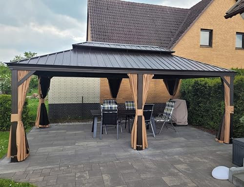 PURPLE LEAF Tonnelle de Jardin Exterieur 6 x 3,65 m Pergola Aluminium avec Moustiquaire et Rideaux Pavillon de Jardin à Double Toit Acier Galvanisé, Bronze