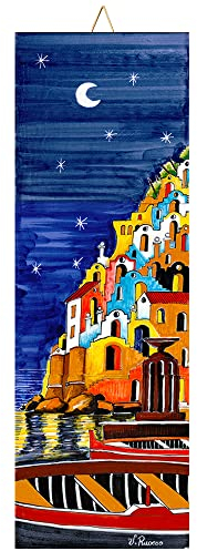 Napolamp Mattonella in Ceramica cm. 10x30 con Stampa di Uno Paesaggio della costiera amalfitana, Paesaggio Positano Notte 2 piastrella Ornamentale da Appendere.