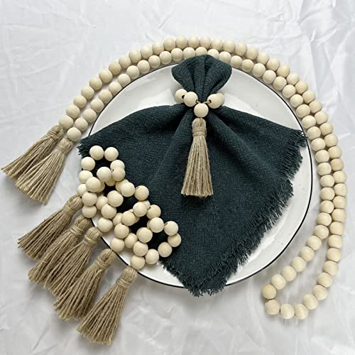 Kintyno Serviettenringe Set von 6 Farmhouse Boho Holz Quaste Serviettenring Perlen Elastische Serviettenringe mit Gebet Holzperlen Wand Girlande Dekoration