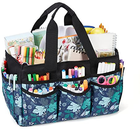 JOSIVIKY Basteltasche, Kunst-Organizer, Werkzeugbedarf, Tragetasche mit Griff für Mehrzweck, Bastel-Caddy für Werkzeug (grünes Blumenmuster)