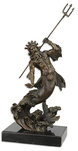 JS Garten Deko Bronzefigur Bronzeskulptur Bronze Poseidon auf Marmorsockel H 30 cm griechische Mythologie