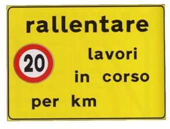 CARTELLO IN LAMIERA SCATOLATA RETTANGOLO 60X40 cm - Rallentare lavori in corso per km - SEGNALE CATARIFRAGENTE CON CAVALLETTO (CARTELLO + CAVALLETTO)