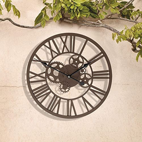 garden mile Traditionelle römische Ziffern, Vintage-Stil, braune Wanduhr – wasserdicht, batteriebetrieben, großes Metall, Retro-Zahnrad, runde Skelett-Wanduhren für Garten, Terrasse Dekoration 35 cm