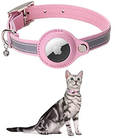 KOCNYDEY Leder reflektierende AirTag Katze Halsband, Anti-Lost Katze Halsband mit Einstellbarer Halterung & Bell integriert Apple Air Tag Katzenhalsband für Katzen kleine Hunde (Rosa)