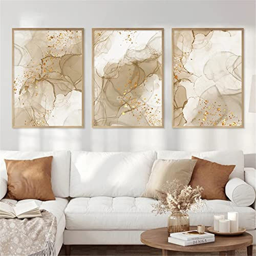 EXQULEG 3 Premium Poster Beige Gold, Große Moderne Bilder als Wanddeko, Abstrakt Wandbilder ohne Rahmen (50x70cm)
