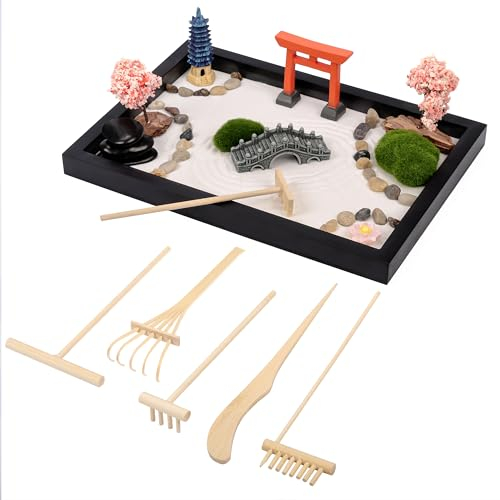 BELLE VOUS Mini Japanese Zen Garden Kit - 20 x 28cm/7.5 x 11 Inches - Premium Rock Garden Gift Set with Zen Sand, 6 Tools & 9 Features - Home, Office or Desk Decor - Meditation Accessories