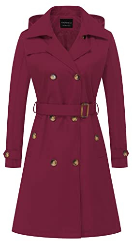 CREATMO US Langer Damen-Trenchcoat, zweireihig, klassischer Revers, Übermantel, Gürtel, schmale Oberbekleidung, Mantel mit abnehmbarer Kapuze