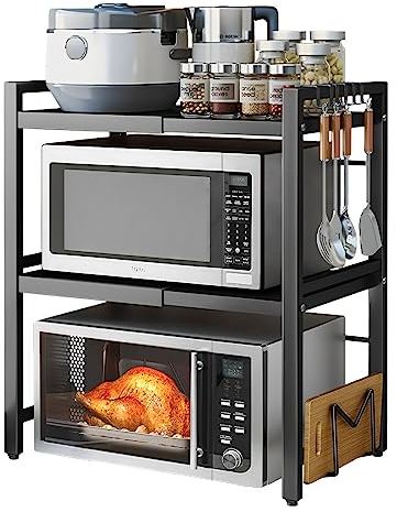 devesanter Expandable Microwave Oven Rack 3 Tier microwave shelf, with 6 hooks Adjustable Width & Height Kitchen Counter Organizer Shelf Stand, Pot Pan Grill Storage Racks, Width 40-64cm Black