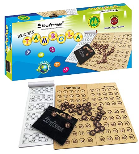 MilesMagic Tragbares Holz-Bingo-Brettspiel | Housie Tambola Geistesspiel | Familienspaß und Unterhaltungs-Partyspiele mit 600 verschiedenen Tickets