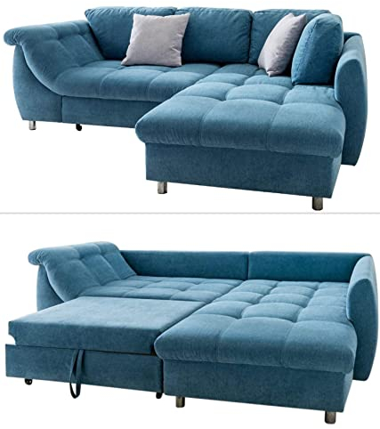 Modernes Ecksofa mit Schlaffunktion 250x190 cm, Wellenunterfederung mit Komfortschaum, L-Couch, Longchair Ottomane rechts, Bezug Mikrofaser Blau, 2 Zierkissen Grau / 17107