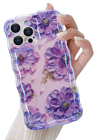 QLTYPRI Case for iPhone 14 Pro Max, Colorful Retro Oil Painting Flower Pattern Cute Curly Wave Frame Exquisite Phone Case for Girls Women,Shockproof Protective Phone Cover for iPhone 14 Pro Max-Purple