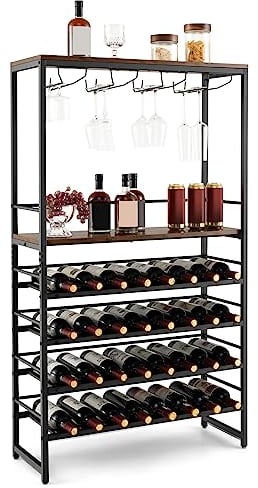 COSTWAY 32 Bottles Wine Rack, 6 Tier Freestanding Bar Cabinet with Glass Holders & Spacious Tabletop, Drinks Holder Stand Display Storage Shelves for Kitchen, Pantry, Cellar