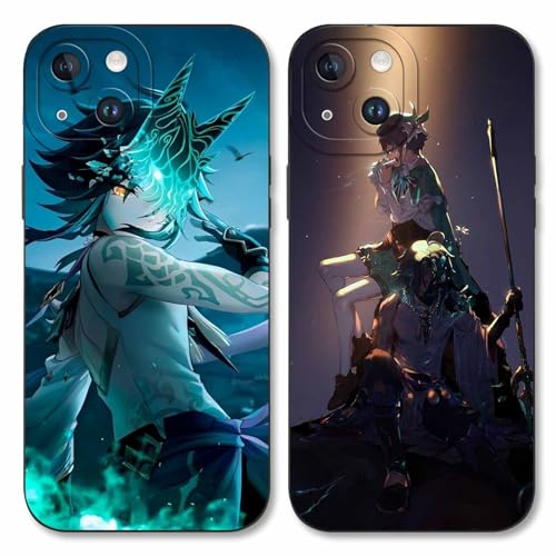 LYUBFDC 2 Stück Handyhülle für Apple iPhone 14 Hülle 6.1 Zoll, Anime Motiv Genshin Impact Xiao Venti Manga Muster Schutzhülle Jungs Case Schutz der Linse Design Silikon TPU Cover Stoßfest, Schwarz1