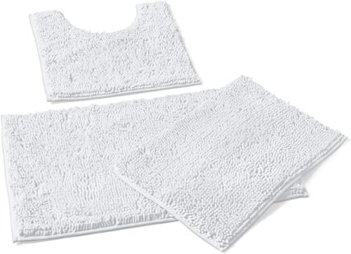 MEGAROOM Non Slip Chenille Bath Mat Set - Bathroom Mat Set with U-Shaped Toilet Mat - Soft and Anti Mould Bath Mat Set 3 Pieces for Safety and Comfort, Water Absorbent and Quick Drying(White)
