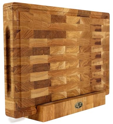B4K® Planche à découper avec support en chêne - 45 × 30 × 4 cm - Bloc de hachage massif - Planche en bois de cerveau antibactérien avec poignées et pieds en silicone - Parfaite pour la cuisine, la