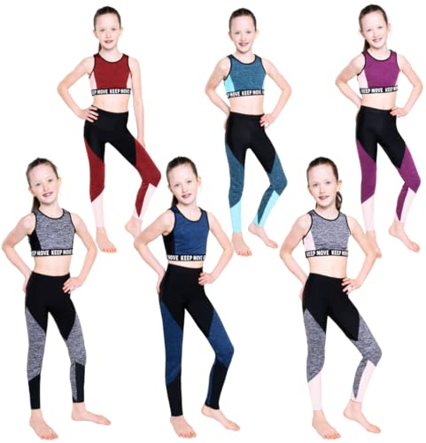 Barielle 10016 Sportoutfit für Kinder, Trainingsoutfit, zweiteiliges Outfit, Leggings, Crop Top, sportlicher Trainingsanzug, Grau-Rose, 146-152