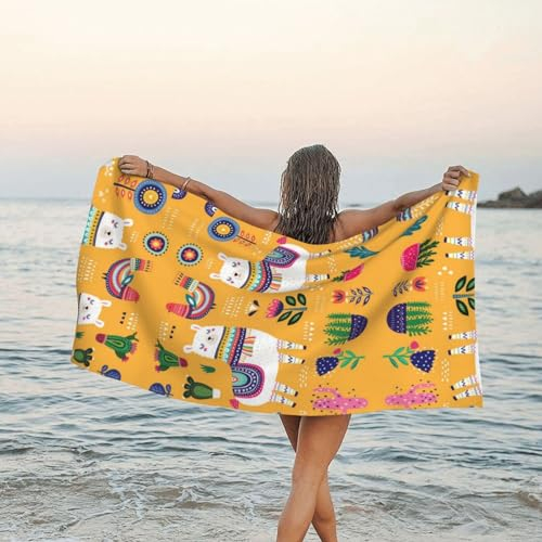 HAHAFU Mikrofaser-Handtuch mit Cartoon-Alpaka-Motiv, süßes Tier, Badetuch, Strandtuch, bedruckt, weich, warm, saugfähig, personalisierbar, schnell trocknend