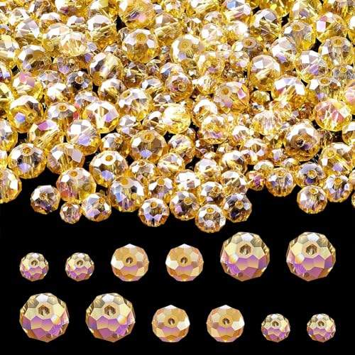 FSSTUD 600 Pcs 4mm 6mm 8mm Round Glass Faceted Beads Sparkle Crystal Beads Decorative Bracelet Beads Assorted Sizes Glass Beads Loose Craft Beads Necklace Making Beads Champagne Golden