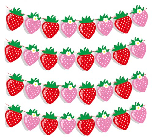 32 Stück Beeren-Dekoration für den ersten Geburtstag, Erdbeer-Hänge-Banner, Beeren-Girlande für Erdbeer-Themen, Partyzubehör, Erdbeer-Frucht-Thema, Babyparty-Zubehör (rot, rosa)