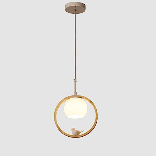 YFMYY Holzring-Pendelleuchte mit weißem Glasschirm und Vogel, dekorative Hängelampe im chinesischen Stil, Innenbeleuchtung mit E27-Fassung, höhenverstellbarer runder Kronleuchter aus Holz