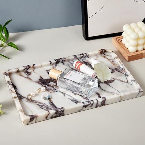 Denique Natural Marble Tray for Bathroom Countertop, Vanity Tray Stone Storage Tray for Home Decor, 12x8 Genuine Calacatta Viola Marble Bathroom Tray for Kitchen Dresser