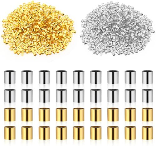 Piriuuo 1000 Stück Quetschperlen, 2mm Quetschröhrchen Metall Quetschperlen Mehrzweck Tube Crimp Perlen für DIY Ohrringe, Halsketten, Armbänder, Fußkettchen, Anhänger, Schmuckherstellung (Silber, Gold)