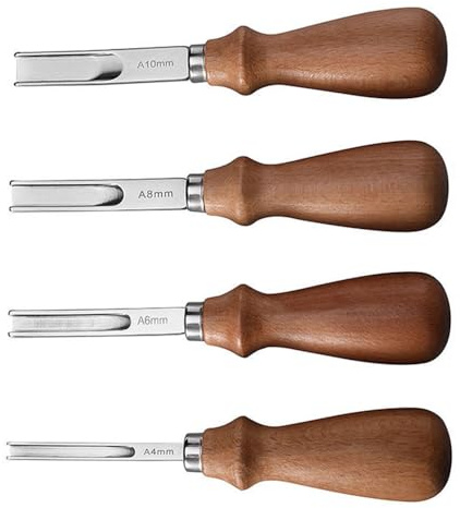 4 cuchillos de piel para paraer, herramienta de cuero con mango de madera, 4 mm, 6 mm, 8 mm, 10 mm, herramientas para reparar los bordes de la piel para trabajar el cuero para biselar cortar y marcar