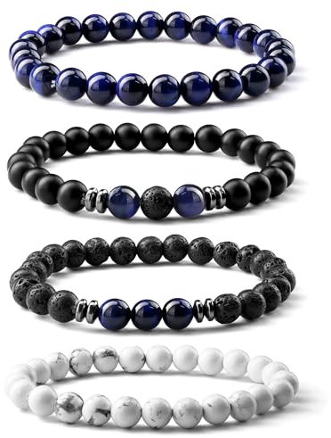 Milacolato 3-4 Stücke Armbänder für Herren 8MM Perlenarmband Herren Tigerauge Männer Armband Schwarz Elastische Lavastein Armband Herren Perlen Vatertag Armband für Männer Schmuck Geschenke-E
