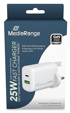 MediaRange 25W GaN Schnellladeadapter (UK-Stecker), 1x USB-C und 1x USB-A, unterstützt USB-C® Power Delivery und Quick Charge™, Weiß