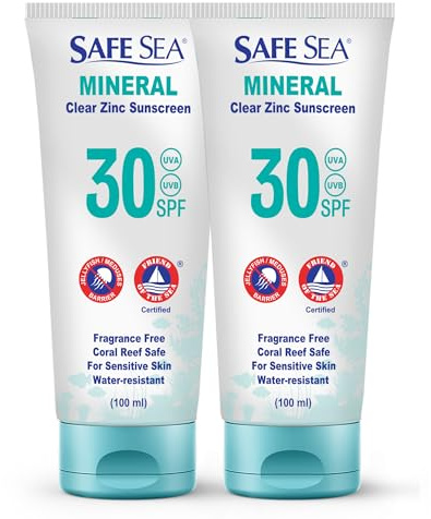 Safe Sea Protection solaire à l'oxyde de zinc SPF30 | Protection solaire minérale transparente sans fonte | Lotion protectrice anti-méduses | Anti-récifs coralliens | Format voyage - 100 ml (lot de 2)
