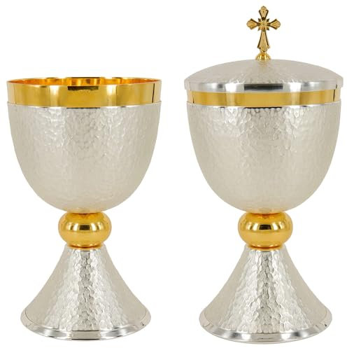 Holyart Kelch, Ziborium, Patene, Hostienschale aus vergoldetem und versilbertem Messing, Hammerschlag-Optik, glänzender Nodus, Patene