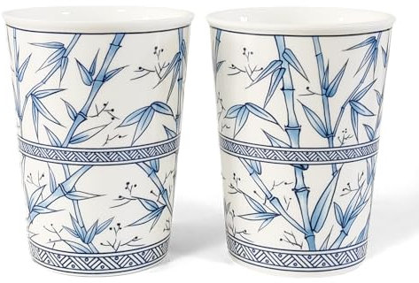 KOPYFANTAP Tazza Cinesi in Porcellana, Set di 2 Tazze da Caffè in Ceramica, Bicchieri da Tè Giapponesi Senza Manico con Bambù Motivi, 275ML