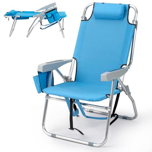 Outopee Backpack Beach Chair, 5 Level Adjustable Positions Folding Beach Chair with Back Storage Bag, Cooler Pouch and Side Bags for Fishing Poolside Picnic, 100kg Capacity